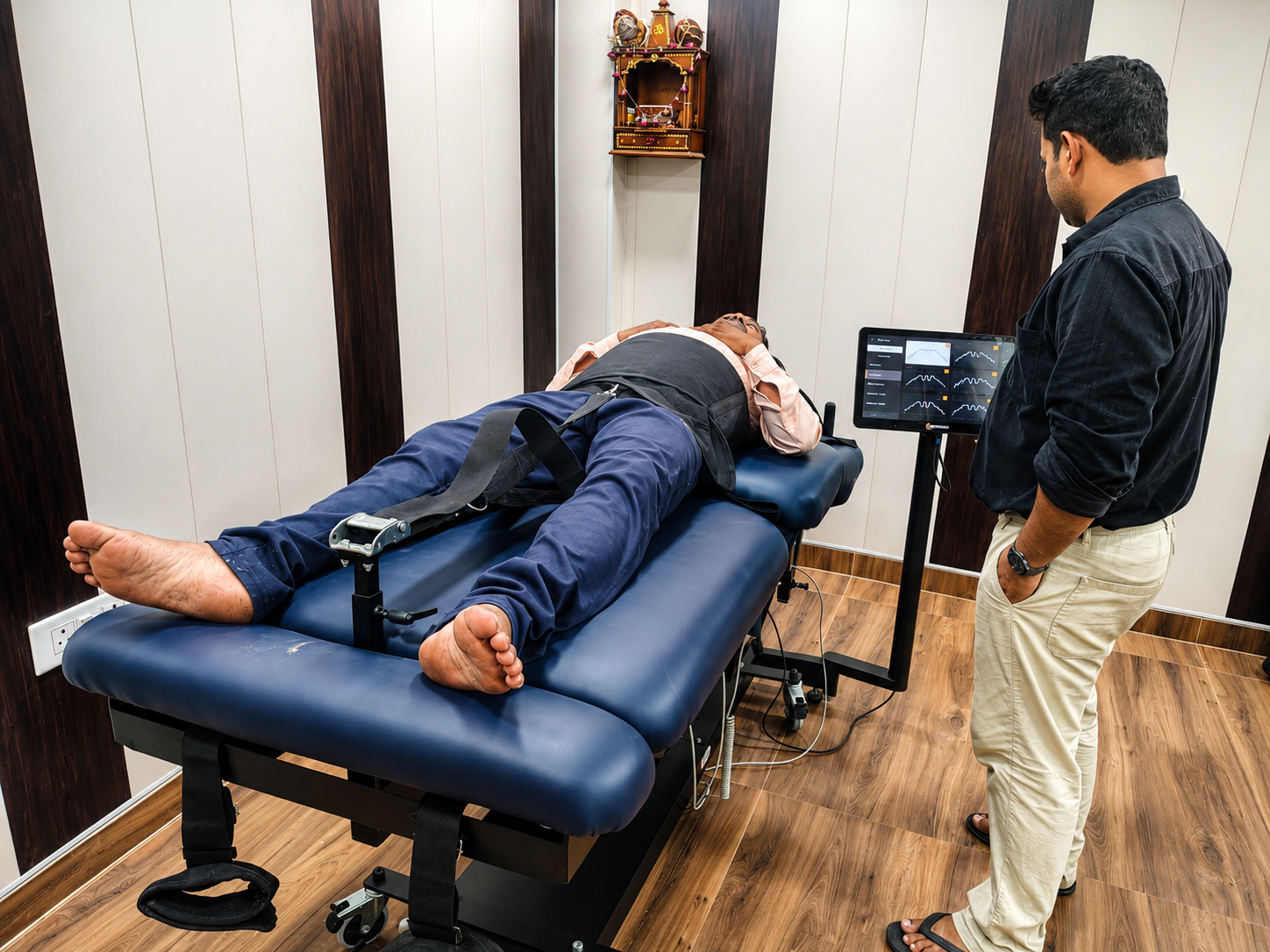 Patient receiving computerised spinal traction therapy under supervision