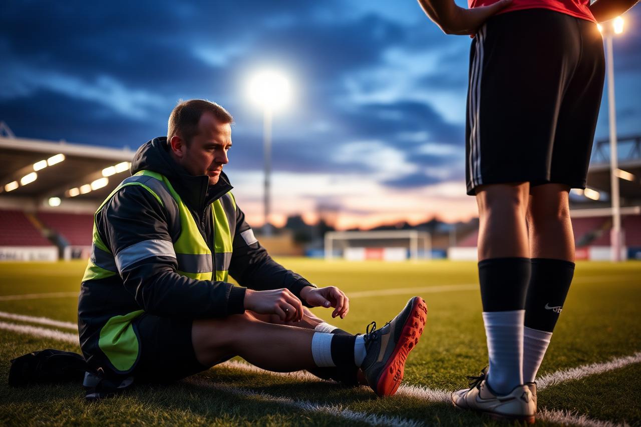 Pitch-side physiotherapist strapping a footballer's ankle during a match
