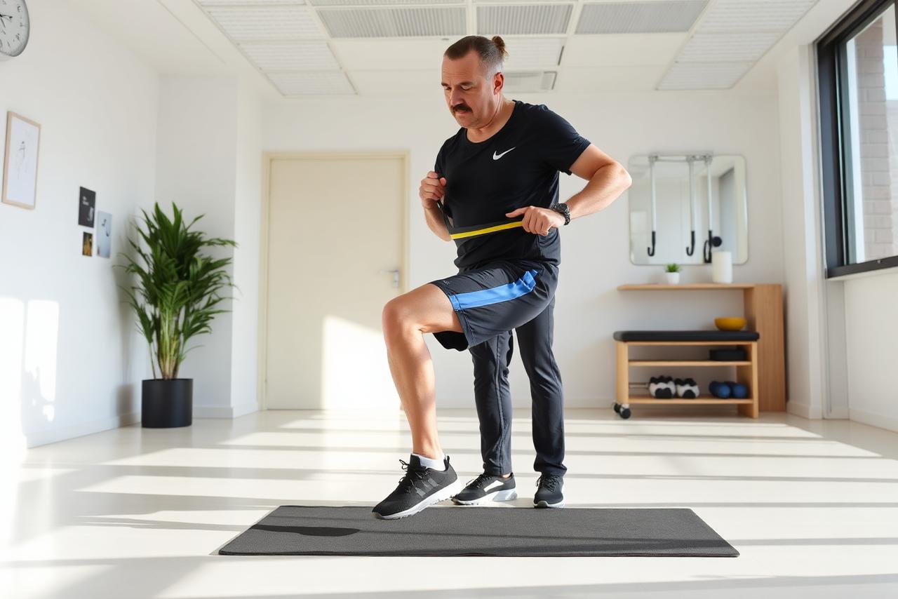 Athlete performing single-leg rehabilitation exercise under physiotherapy supervision